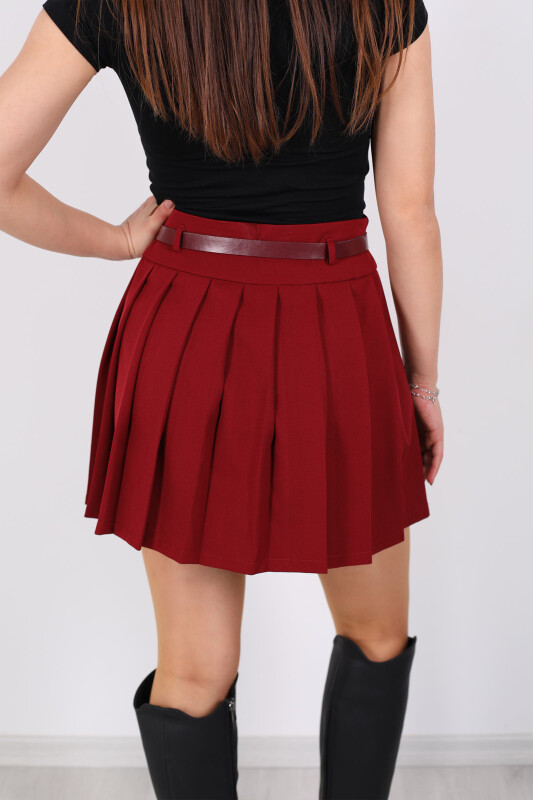Kırma Piliseli Kemerli Bordo Mini Etek - 6