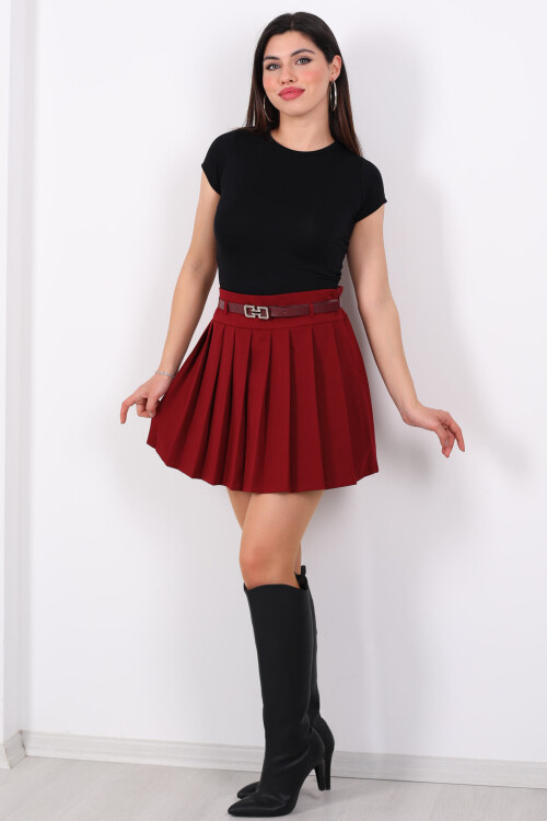Kırma Piliseli Kemerli Bordo Mini Etek - 5