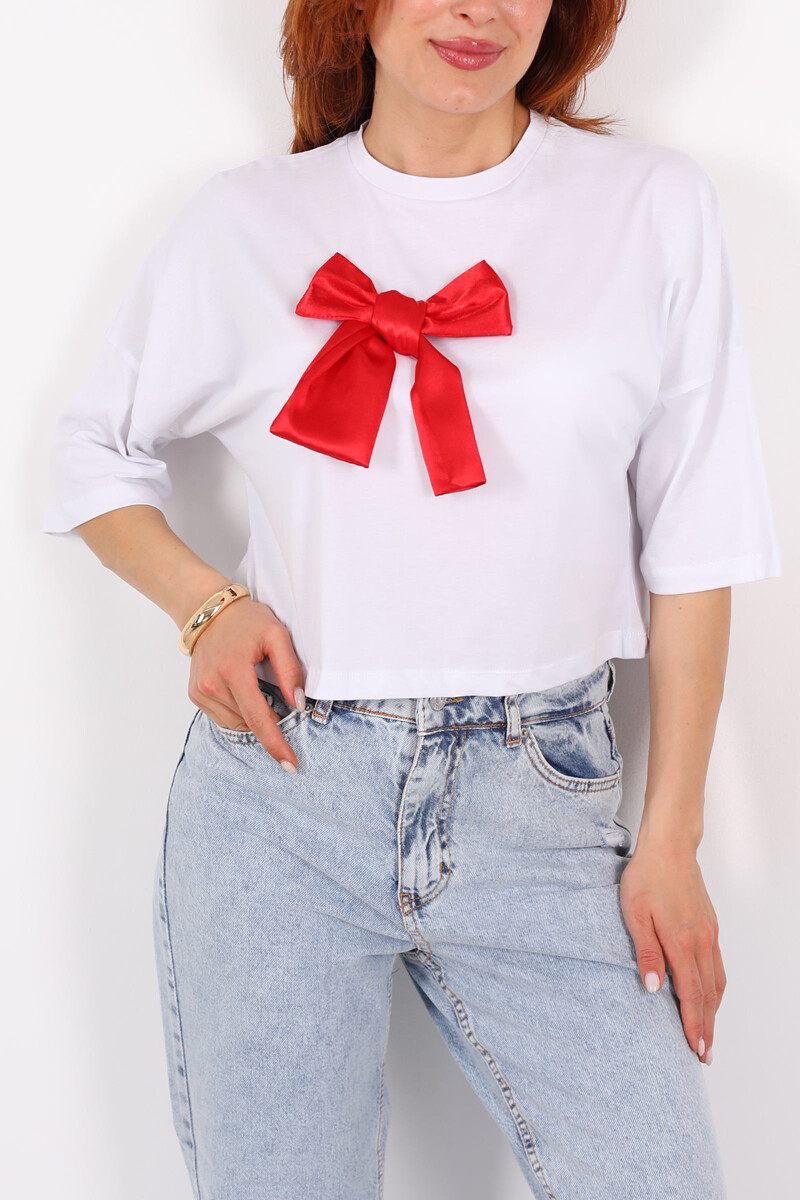 Kırmızı Kurdeleli Bisiklet Yaka Oversize Kadın T-Shirt - 2
