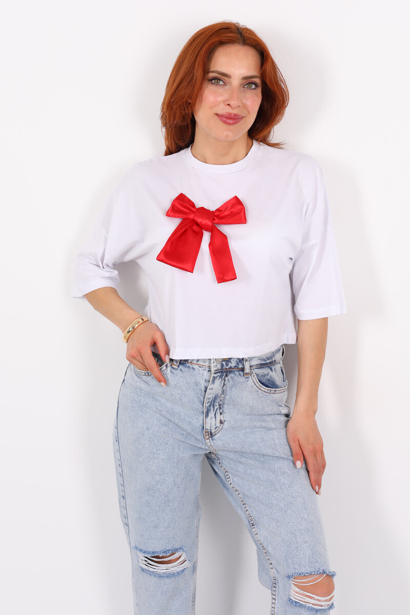 Kırmızı Kurdeleli Bisiklet Yaka Oversize Kadın T-Shirt - 3