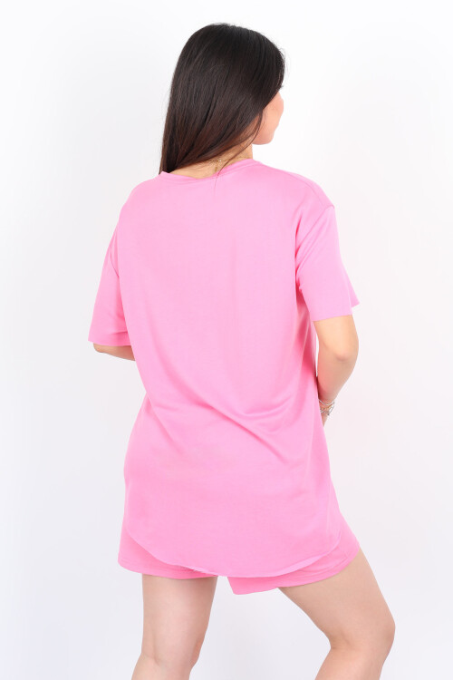 Kısa Kol Eteği Oval Çimalı Kadın Pembe Modal Şort Takım - 5