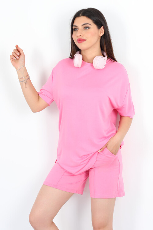 Kısa Kol Eteği Oval Çimalı Kadın Pembe Modal Şort Takım - 4