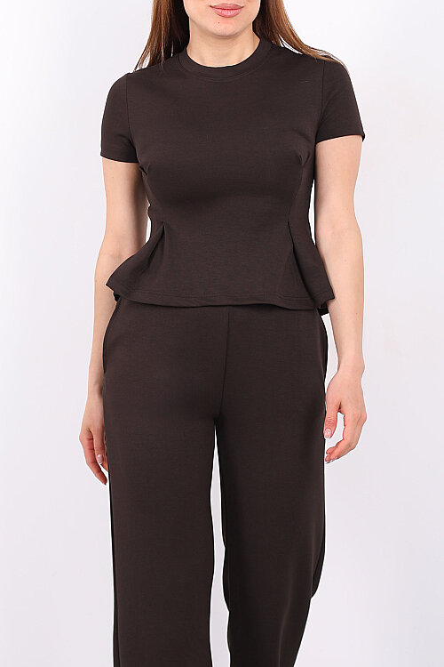 Kısa Kol Volanlı Kadın Acı Kahve Bol Paça Pantolon Takım - Berox (1)