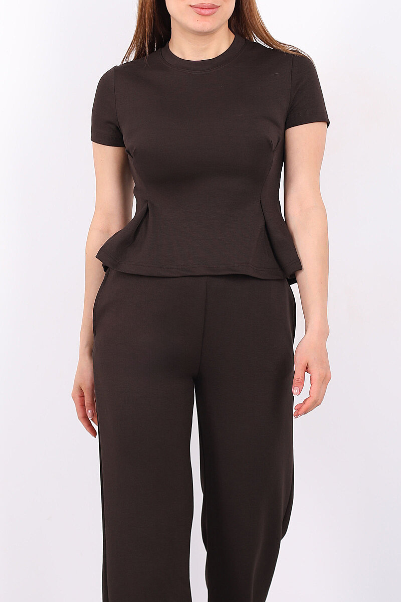 Kısa Kol Volanlı Kadın Acı Kahve Bol Paça Pantolon Takım - 2