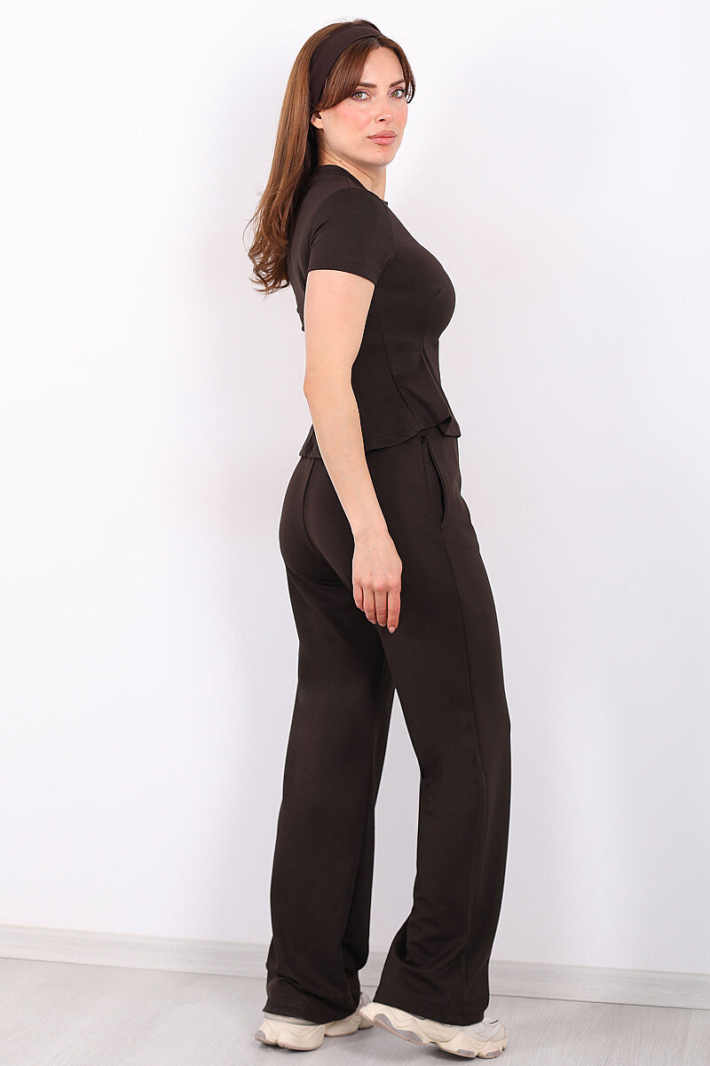 Kısa Kol Volanlı Kadın Acı Kahve Bol Paça Pantolon Takım - 6