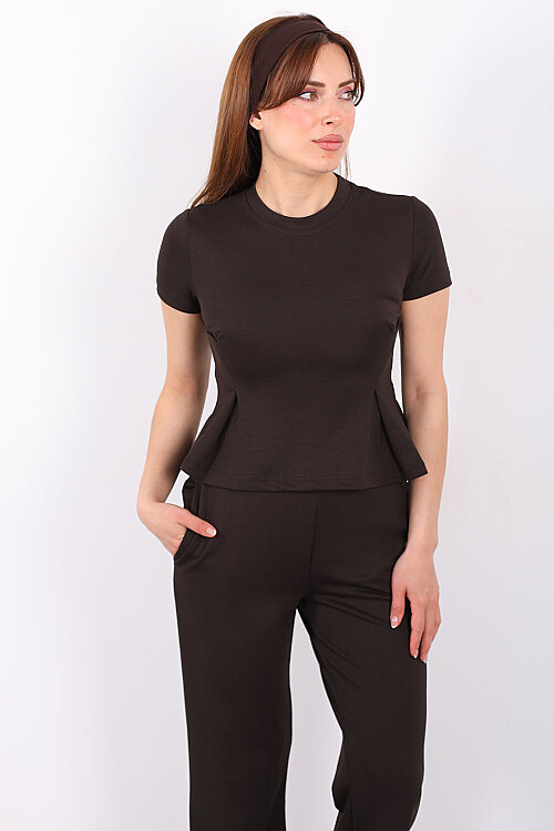 Kısa Kol Volanlı Kadın Acı Kahve Bol Paça Pantolon Takım - Berox