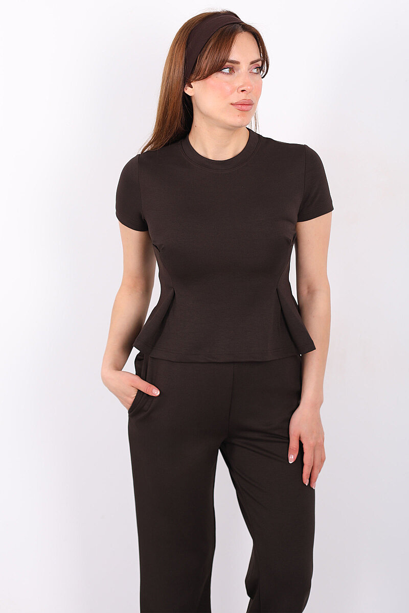 Kısa Kol Volanlı Kadın Acı Kahve Bol Paça Pantolon Takım - 1