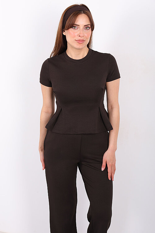 Kısa Kol Volanlı Kadın Acı Kahve Bol Paça Pantolon Takım - 4