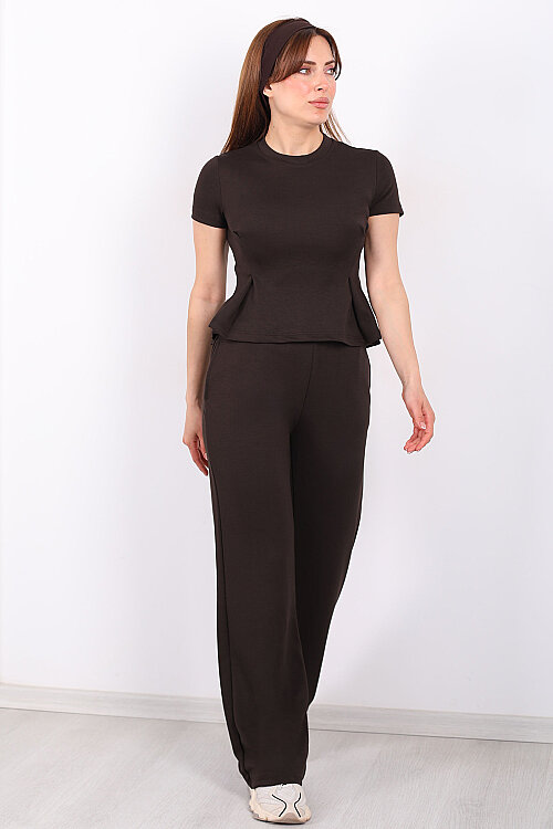 Kısa Kol Volanlı Kadın Acı Kahve Bol Paça Pantolon Takım - 5