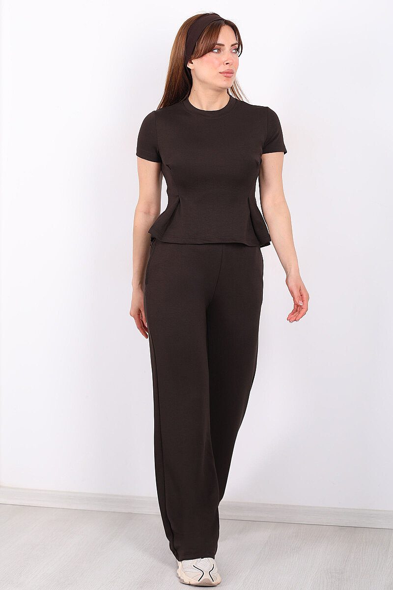 Kısa Kol Volanlı Kadın Acı Kahve Bol Paça Pantolon Takım - 5