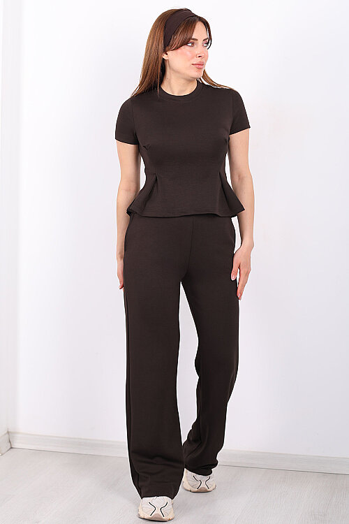 Kısa Kol Volanlı Kadın Acı Kahve Bol Paça Pantolon Takım - 7