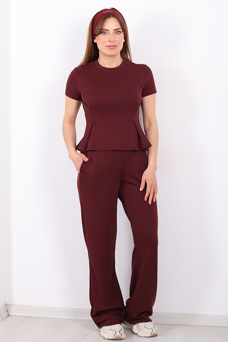 Kısa Kol Volanlı Kadın Bordo Bol Paça Pantolon Takım - 1