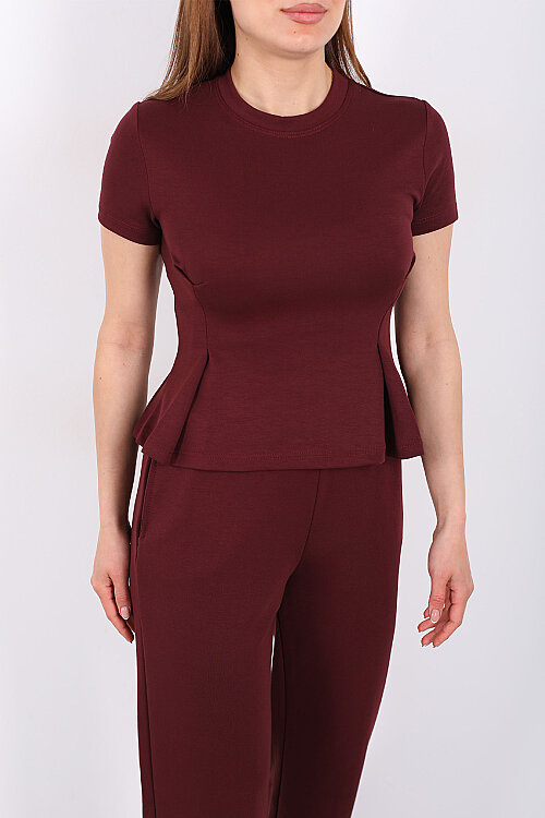 Kısa Kol Volanlı Kadın Bordo Bol Paça Pantolon Takım - Berox (1)