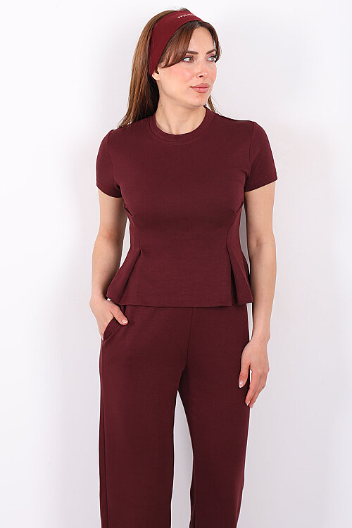 Kısa Kol Volanlı Kadın Bordo Bol Paça Pantolon Takım - 5