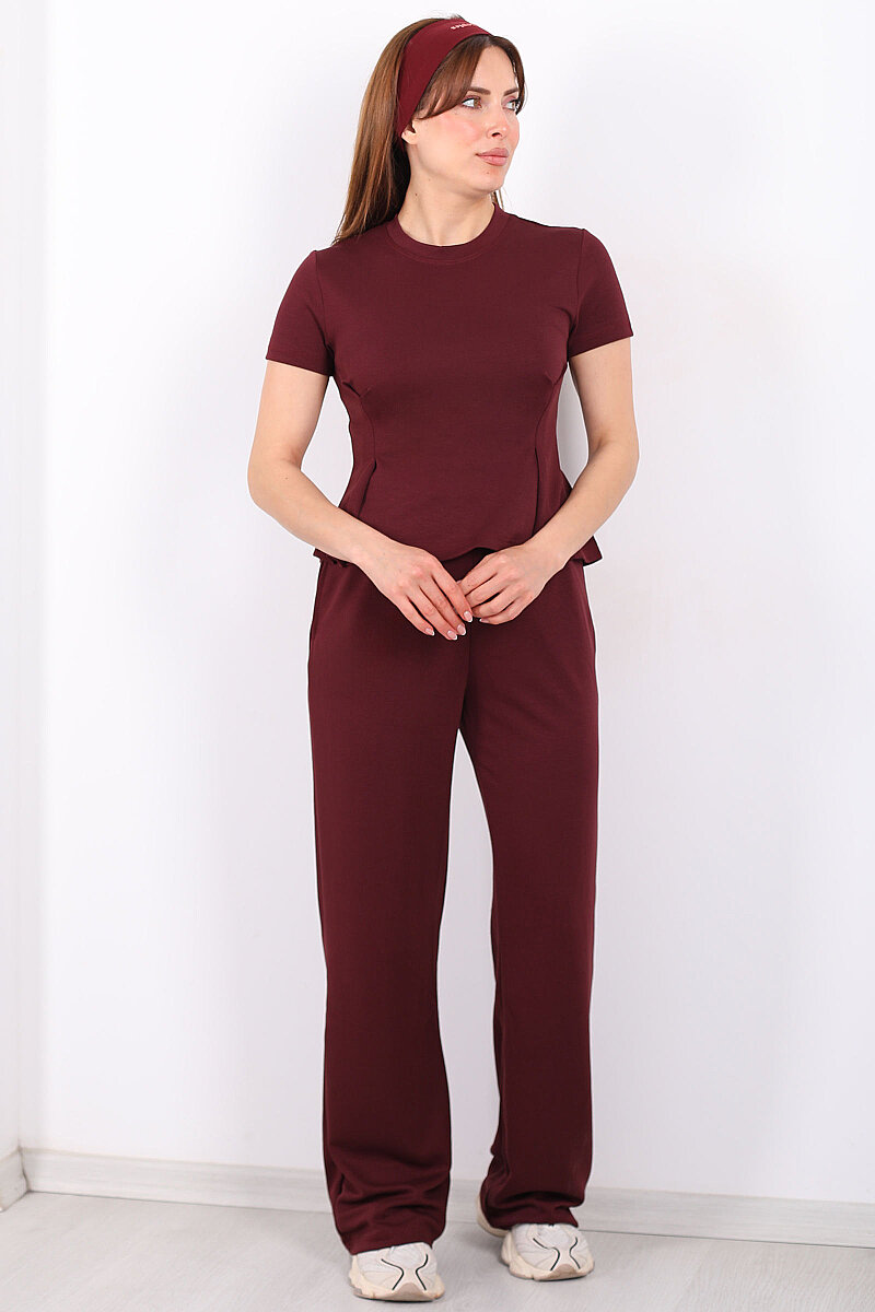 Kısa Kol Volanlı Kadın Bordo Bol Paça Pantolon Takım - 7