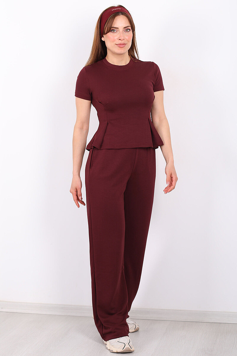 Kısa Kol Volanlı Kadın Bordo Bol Paça Pantolon Takım - 4