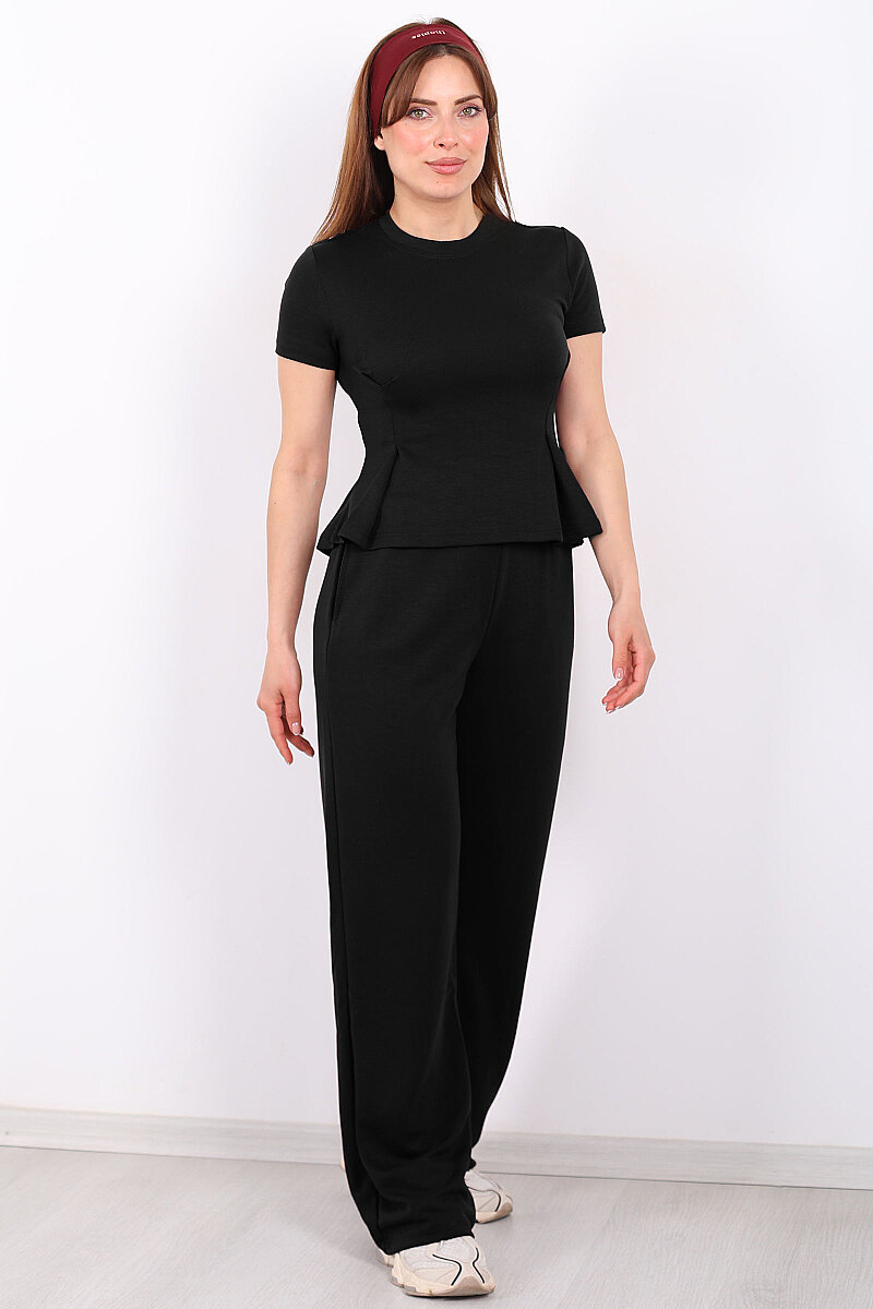 Kısa Kol Volanlı Kadın Siyah Bol Paça Pantolon Takım - 1