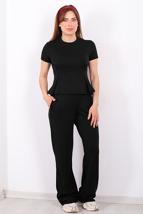 Kısa Kol Volanlı Kadın Siyah Bol Paça Pantolon Takım - 4