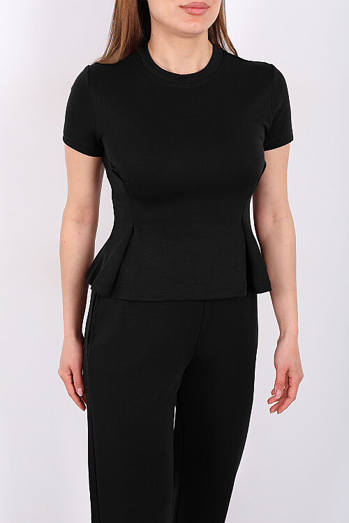 Kısa Kol Volanlı Kadın Siyah Bol Paça Pantolon Takım - Berox (1)