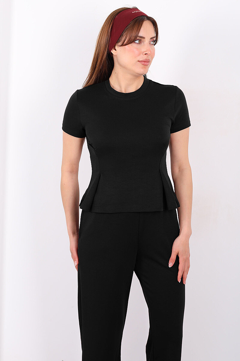 Kısa Kol Volanlı Kadın Siyah Bol Paça Pantolon Takım - 3