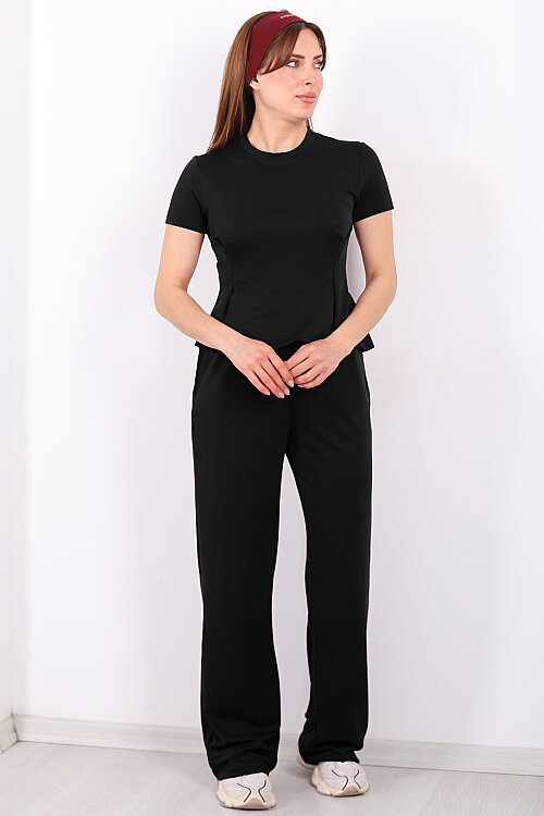Kısa Kol Volanlı Kadın Siyah Bol Paça Pantolon Takım - 6