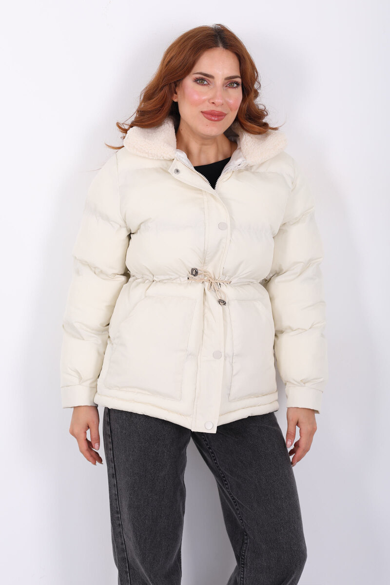 Kıvırcık Yaka Detaylı Krem Kadın Şişme Mont - 6