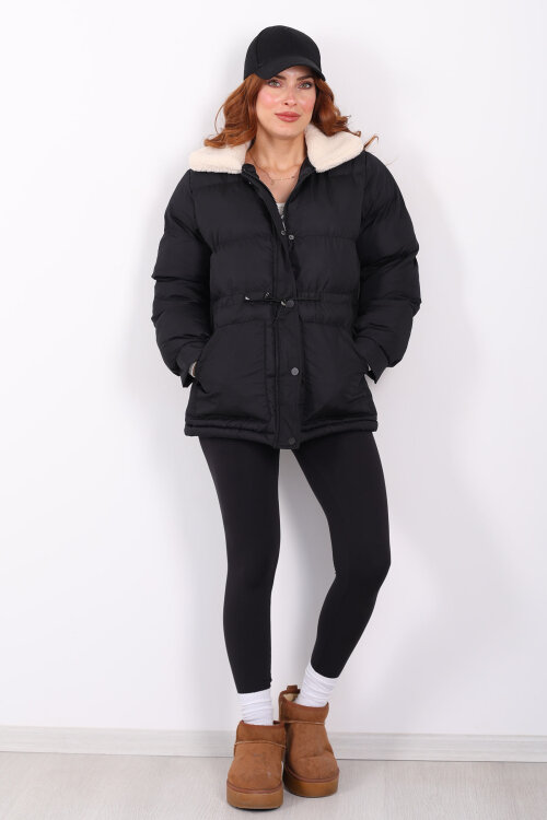 Kıvırcık Yaka Detaylı Siyah Kadın Şişme Mont - 7