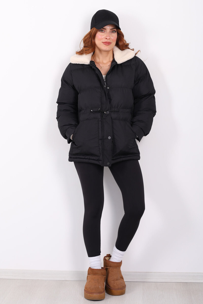 Kıvırcık Yaka Detaylı Siyah Kadın Şişme Mont - 7