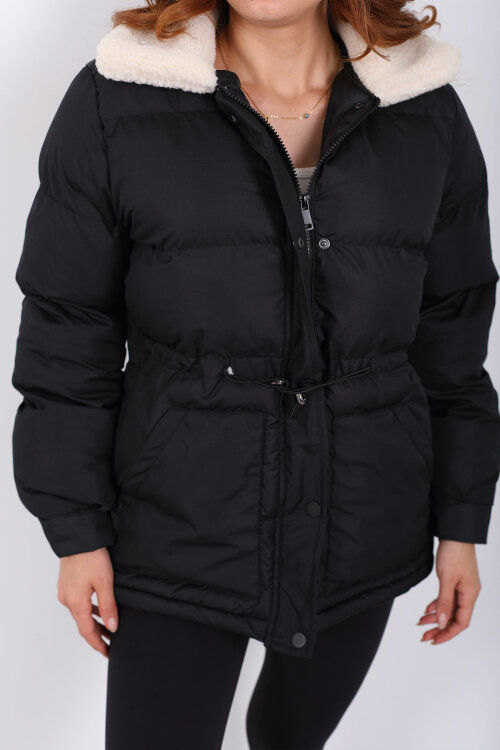 Kıvırcık Yaka Detaylı Siyah Kadın Şişme Mont - Berox (1)