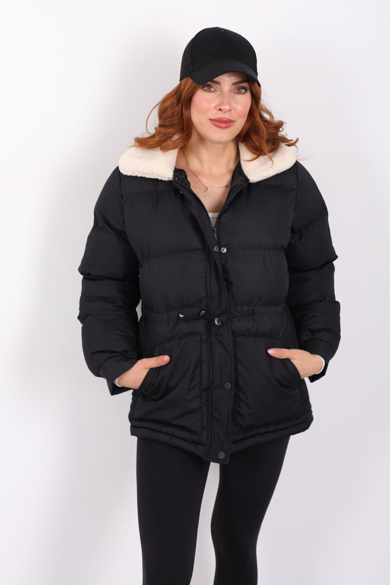 Kıvırcık Yaka Detaylı Siyah Kadın Şişme Mont - 3