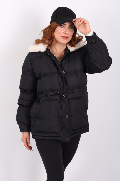 Kıvırcık Yaka Detaylı Siyah Kadın Şişme Mont - Berox