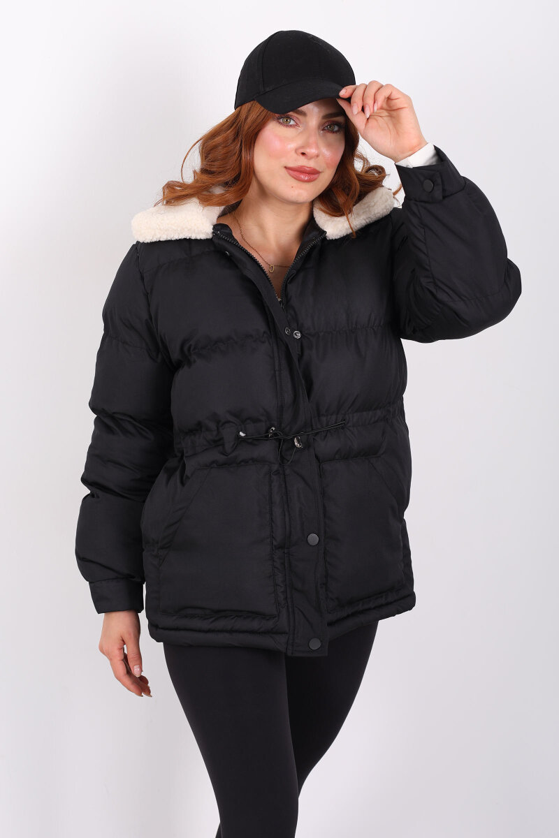 Kıvırcık Yaka Detaylı Siyah Kadın Şişme Mont - 1