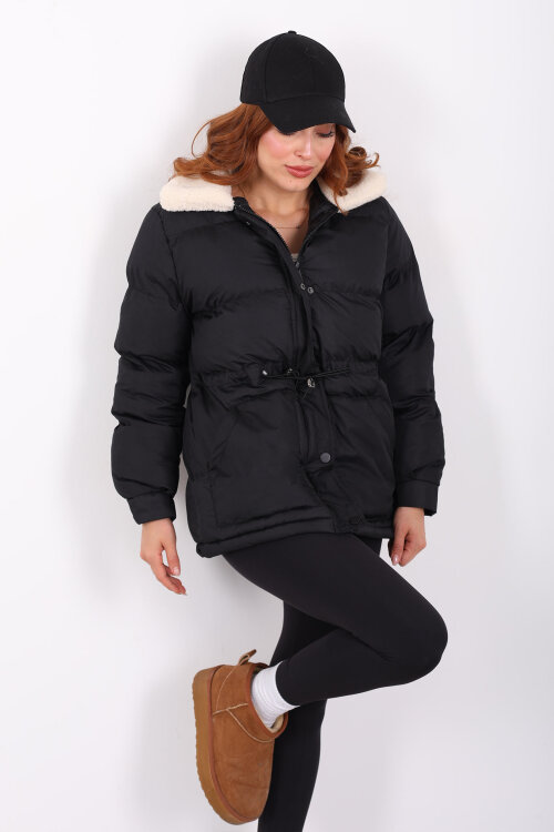 Kıvırcık Yaka Detaylı Siyah Kadın Şişme Mont - 5