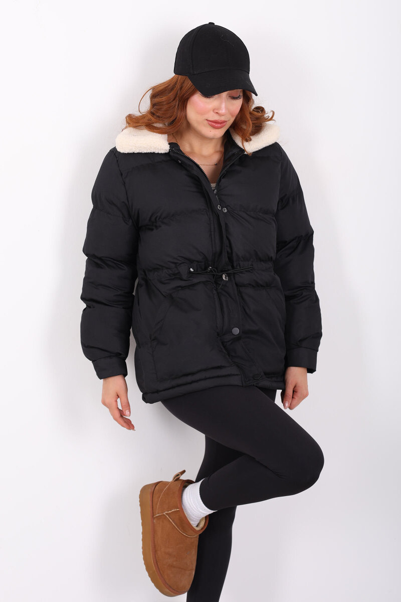 Kıvırcık Yaka Detaylı Siyah Kadın Şişme Mont - 5