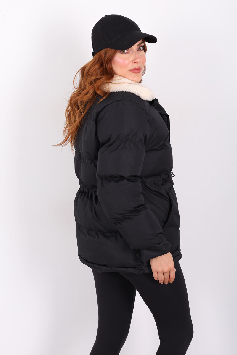 Kıvırcık Yaka Detaylı Siyah Kadın Şişme Mont - 6