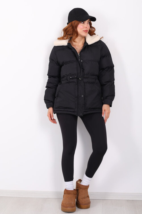 Kıvırcık Yaka Detaylı Siyah Kadın Şişme Mont - 4