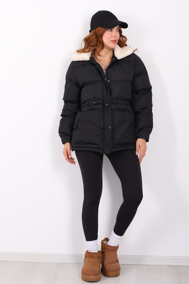 Kıvırcık Yaka Detaylı Siyah Kadın Şişme Mont - 4