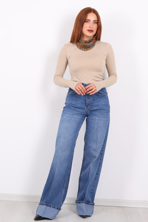 Kıvrık Paça Koyu Buz Kadın Wide Leg Jean - 4