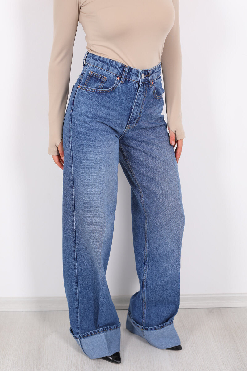 Kıvrık Paça Koyu Buz Kadın Wide Leg Jean - 2