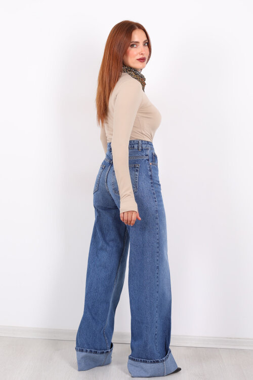 Kıvrık Paça Koyu Buz Kadın Wide Leg Jean - 5