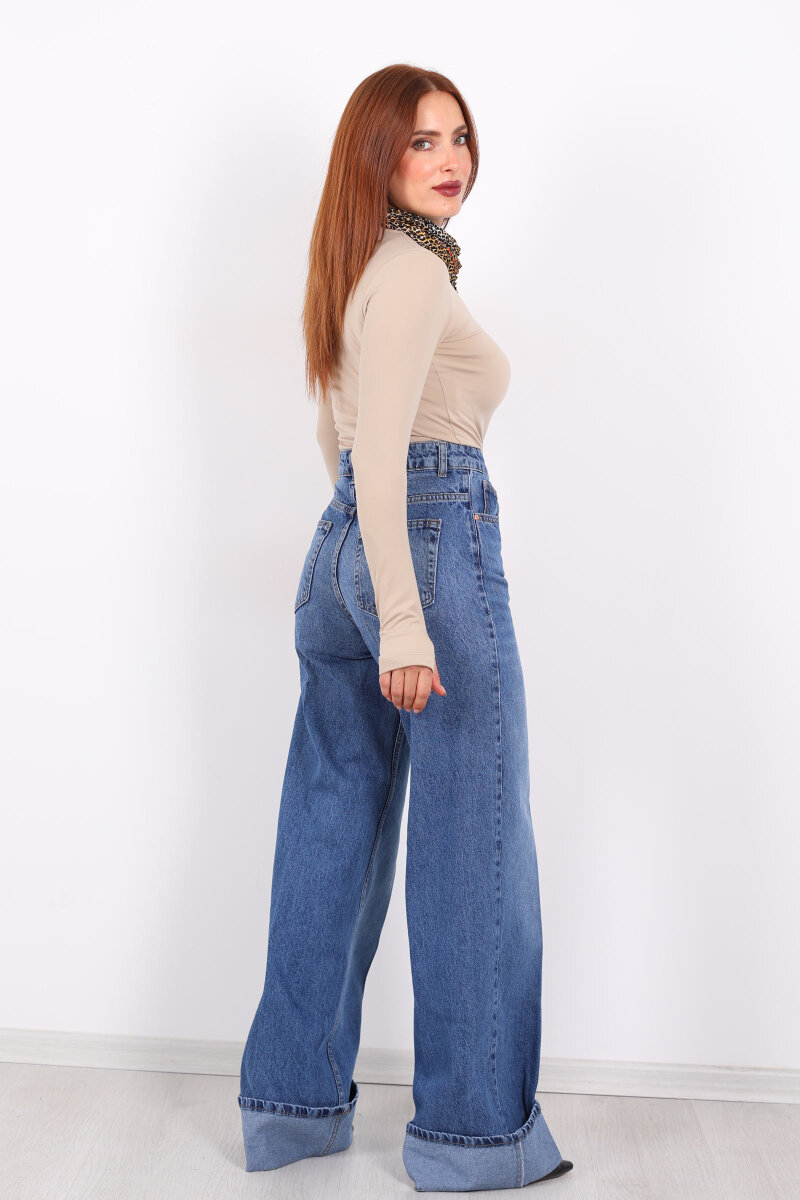 Kıvrık Paça Koyu Buz Kadın Wide Leg Jean - 5