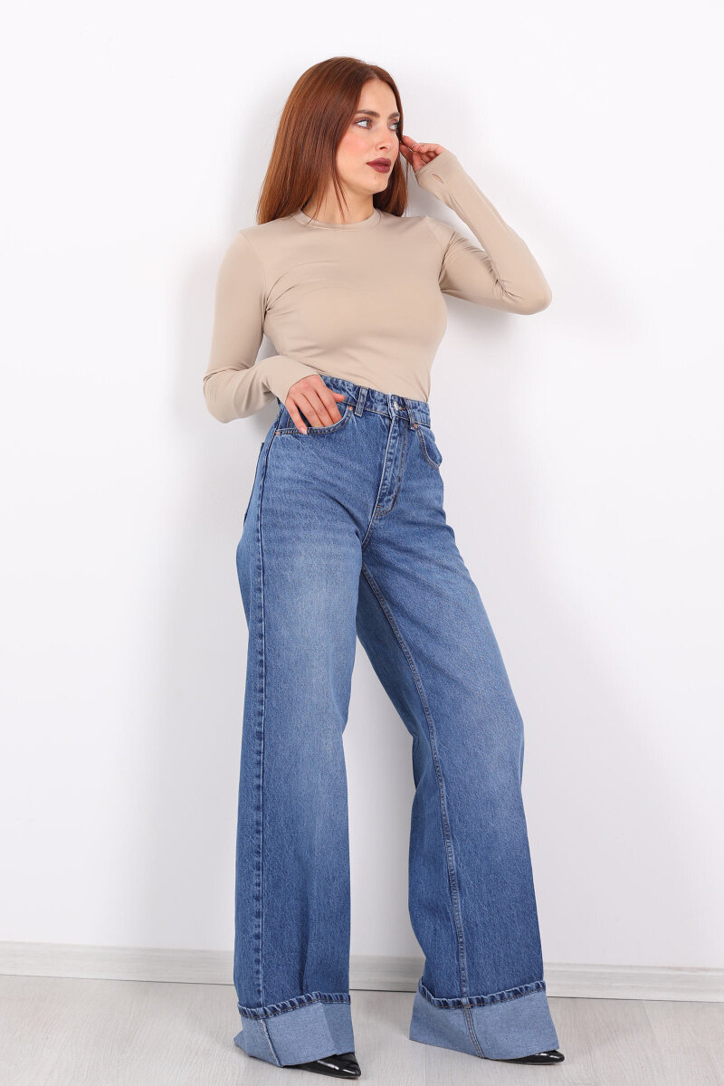 Kıvrık Paça Koyu Buz Kadın Wide Leg Jean - 1
