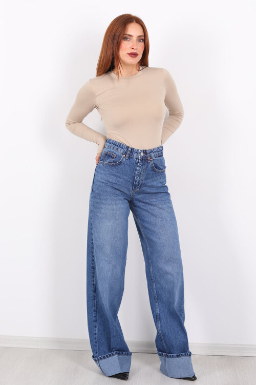 Kıvrık Paça Koyu Buz Kadın Wide Leg Jean - 3