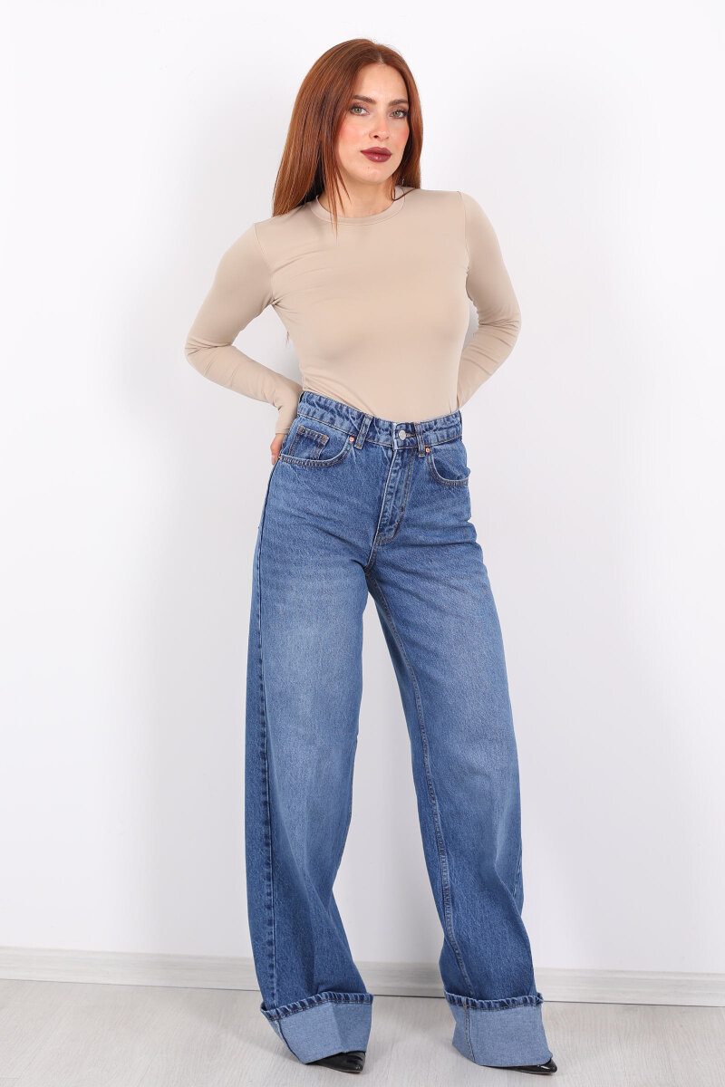 Kıvrık Paça Koyu Buz Kadın Wide Leg Jean - 3