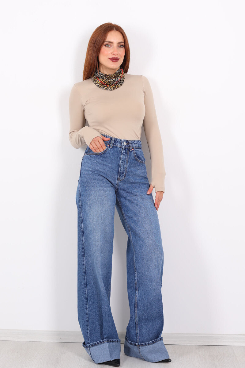 Kıvrık Paça Koyu Buz Kadın Wide Leg Jean - 6