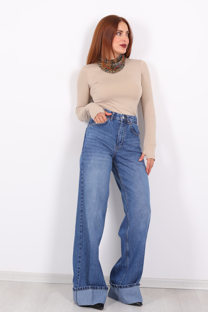 Kıvrık Paça Koyu Buz Kadın Wide Leg Jean - 7