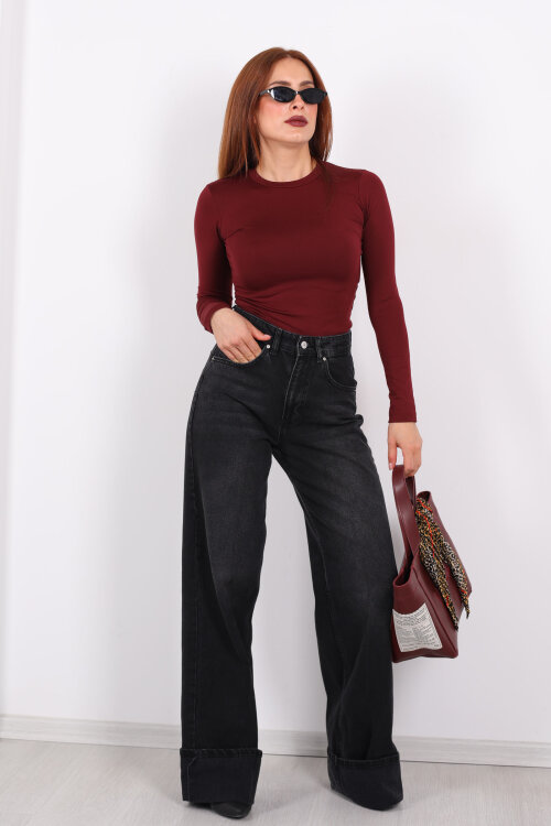 Kıvrık Paça Koyu Füme Kadın Wide Leg Jean - Berox