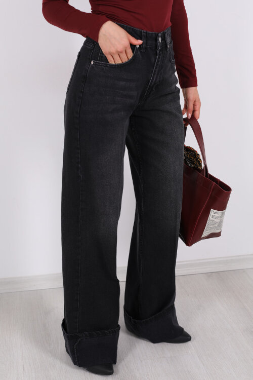 Kıvrık Paça Koyu Füme Kadın Wide Leg Jean - Berox (1)