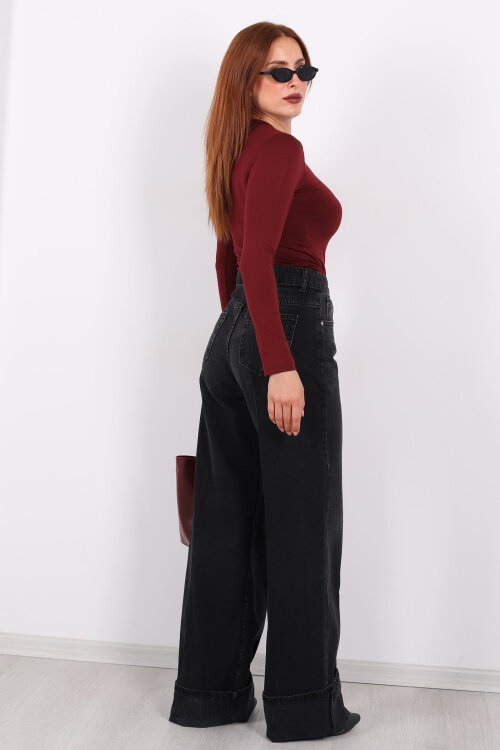 Kıvrık Paça Koyu Füme Kadın Wide Leg Jean - 6