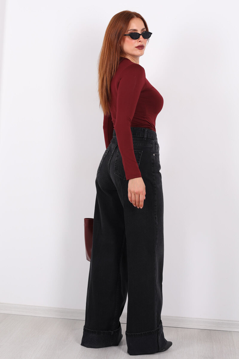 Kıvrık Paça Koyu Füme Kadın Wide Leg Jean - 6